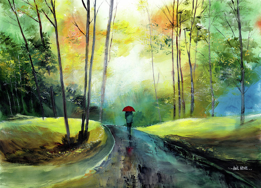 A walk in the rain Painting by Anil Nene