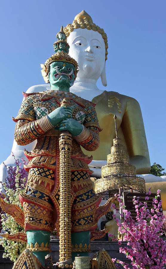 Buddha Photograph - A Warrior and Buddha, Wat Phra That Doi Kham Temple, Chiang Mai, by Derrick Neill