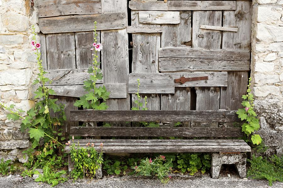 A Weathered Bench In Front Of An Old, Patched Wooden Gate Photograph by Sabine Lscher