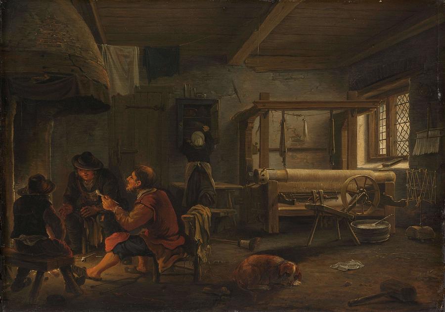 A Weavers Workshop. Painting by Johannes Dircksz van Oudenrogge