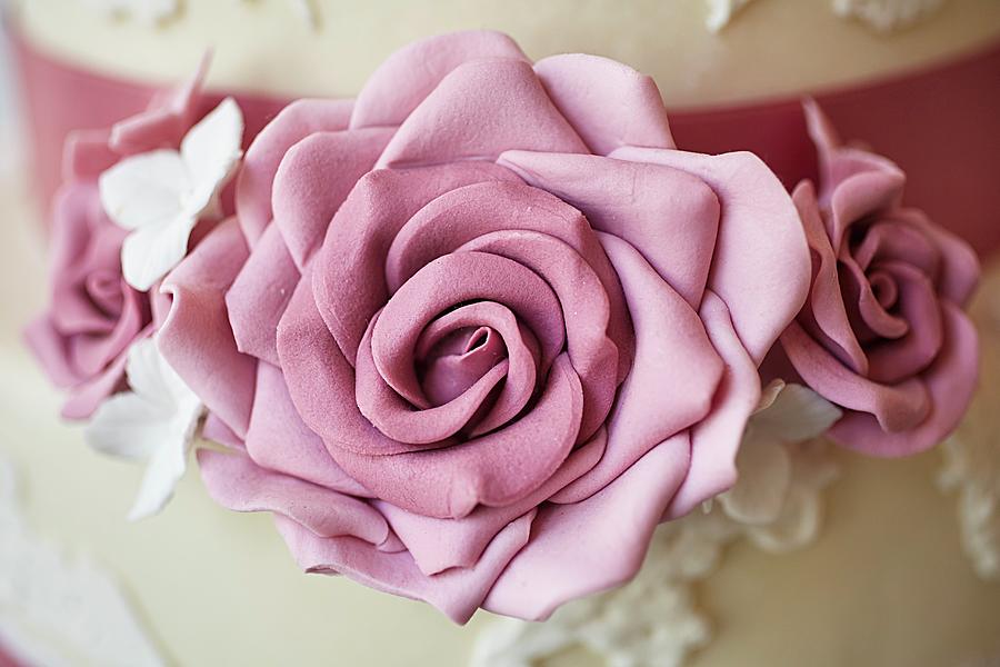 A Wedding Cake Decorated With Marzipan Roses detail Photograph by Herbert Lehmann