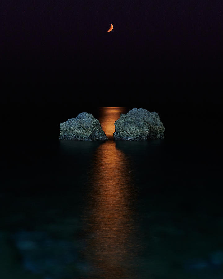 Nature Photograph - A Wedge Of Moon, The Sea And The Rocks by Alessandro Mari