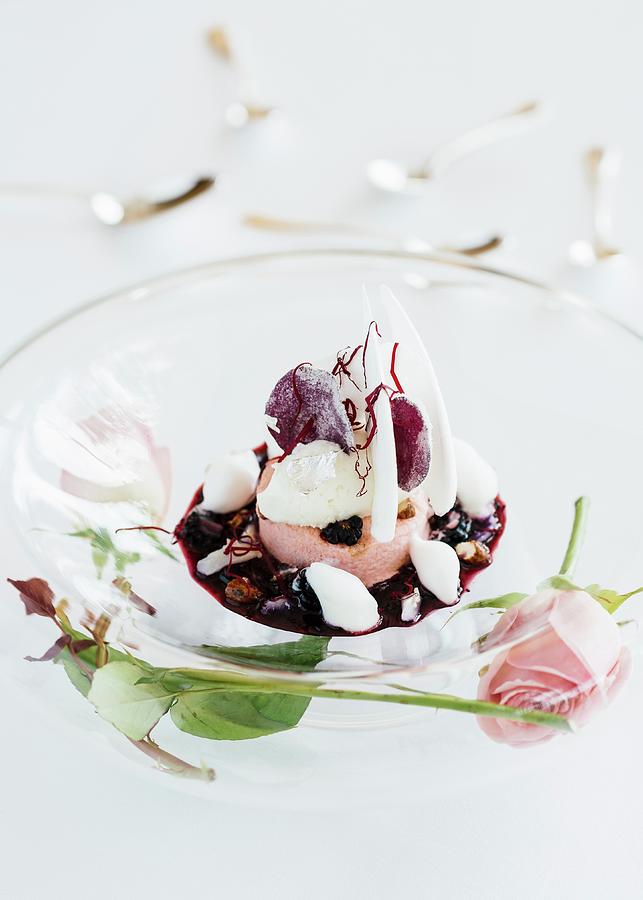 A White Nougat Dessert Made By The Head Chef Arnaud Donckele At The La Vague Dor Restaurant In Saint-tropez Photograph by Jalag / Anthony Lanneretonne