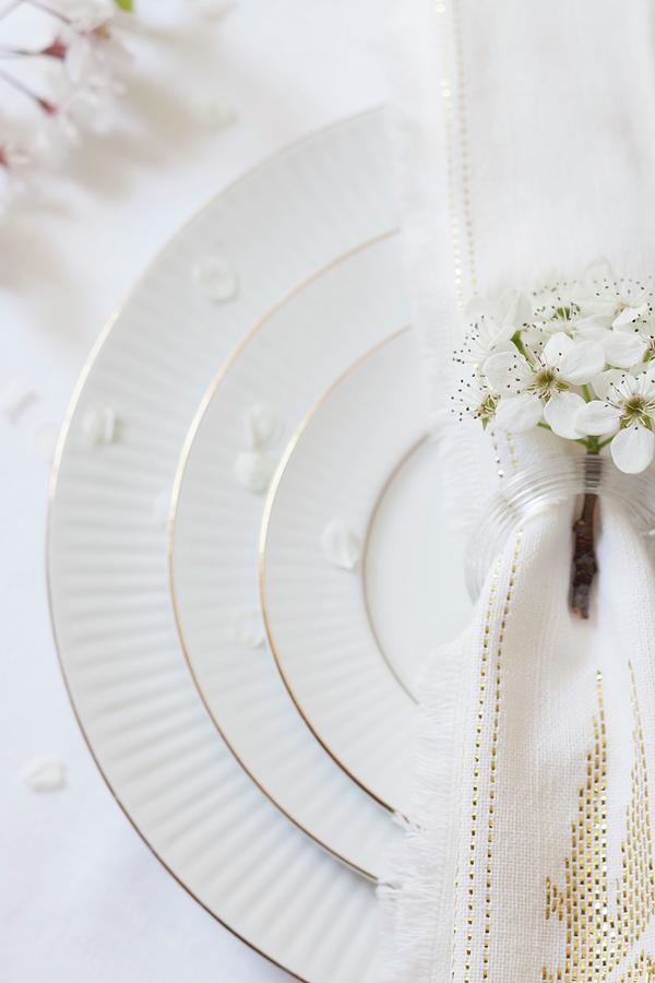 A White Place Setting Decorated With Apple Blossom On A Wedding Party Table Photograph by Katharine Pollak