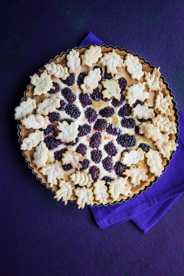 A Whole Blackberry And Almond Tart Decorated With Pastry Leaves seen From Above Photograph by Magdalena Hendey