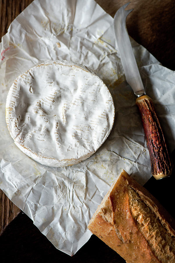 A Whole Camembert Cheese From Above On Its Wrapper With A Horn Handled Cheese Knife And Baguette Photograph by Jamie Watson