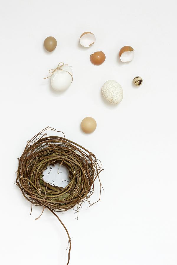A Wicker Wreath, Easter Eggs And Eggshells On A White Surface Photograph by Misha Vetter