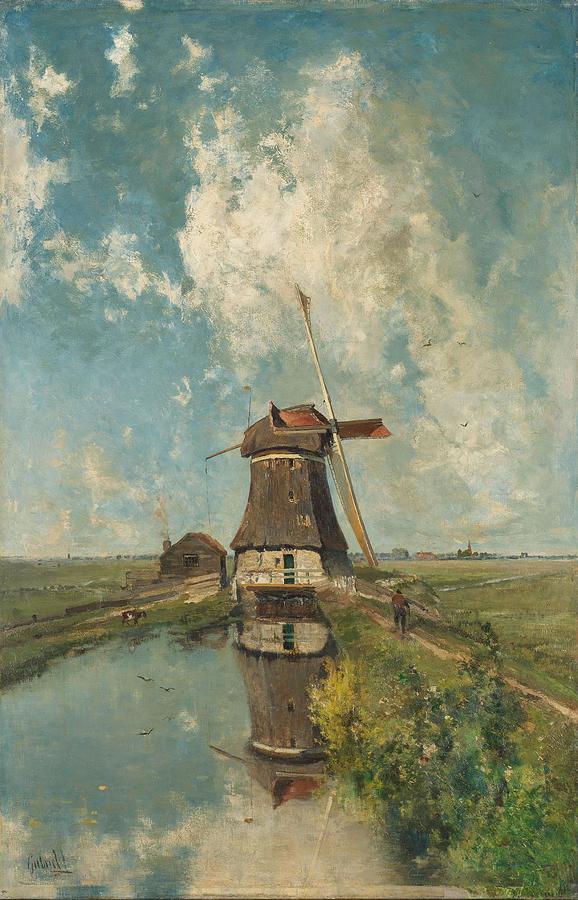 A Windmill on a Polder Waterway, Known as In the Month of July. Painting by Paul Joseph Constantin Gabriel -1828-1903-