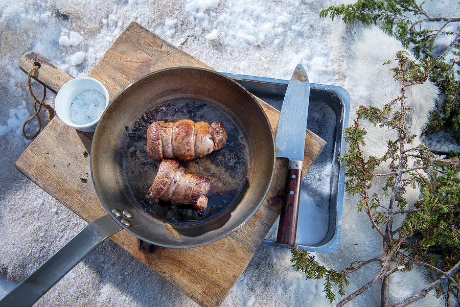 A Winter Barbecue: Elk Roulade In A Pan In The Snow norway Photograph by Lode Greven Photography