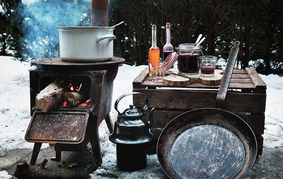 A Winter Barbecue With A Rustic Wood-fired Oven And Utensils In The Snow Photograph by Lode Greven Photography