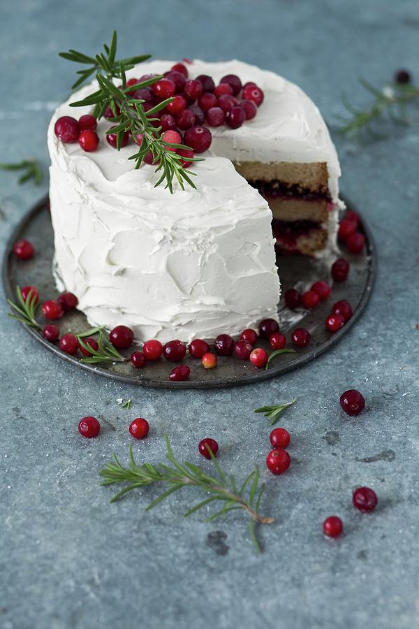 A Winter Cranberry Cake With Vanilla Frosting And Rosemary Photograph by Malgorzata Laniak