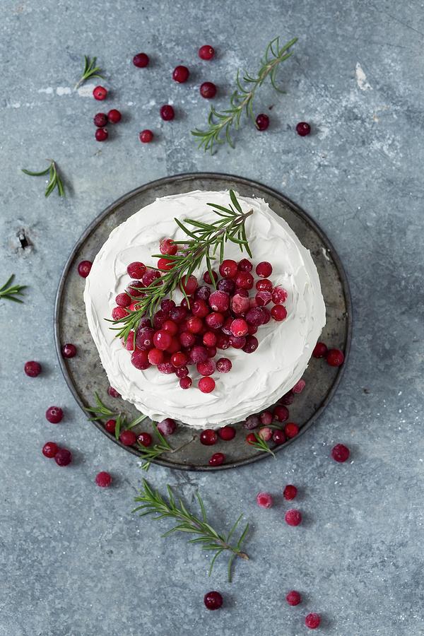 A Winter Cranberry Cake With Vanilla Frosting And Rosemary seen From Above Photograph by Malgorzata Laniak