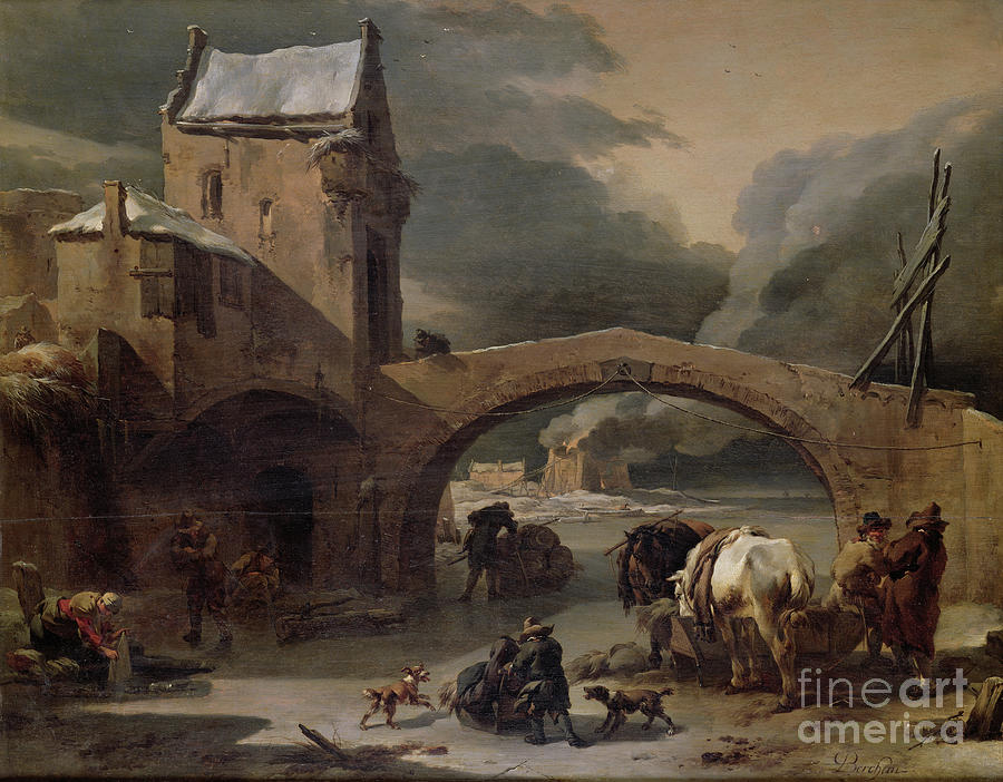 A Winter Landscape With Peasants And Horses On A Frozen Canal By A Fortified Bridge Painting by Nicolaes Pietersz Berchem