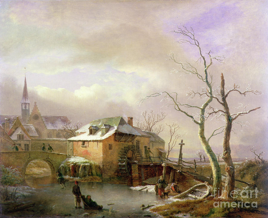 A Winter Landscape With Peasants On A Frozen Millpond By A Village Painting by Ignatius Josephus Van Regemorter A Winter Landscape With Peasants On A Frozen Millpond By A Village Painting by Ignatius Josephus Van Regemorter