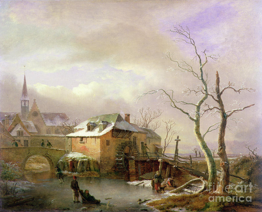 A Winter Landscape With Peasants On A Frozen Millpond By A Village Painting by Ignatius Josephus Van Regemorter