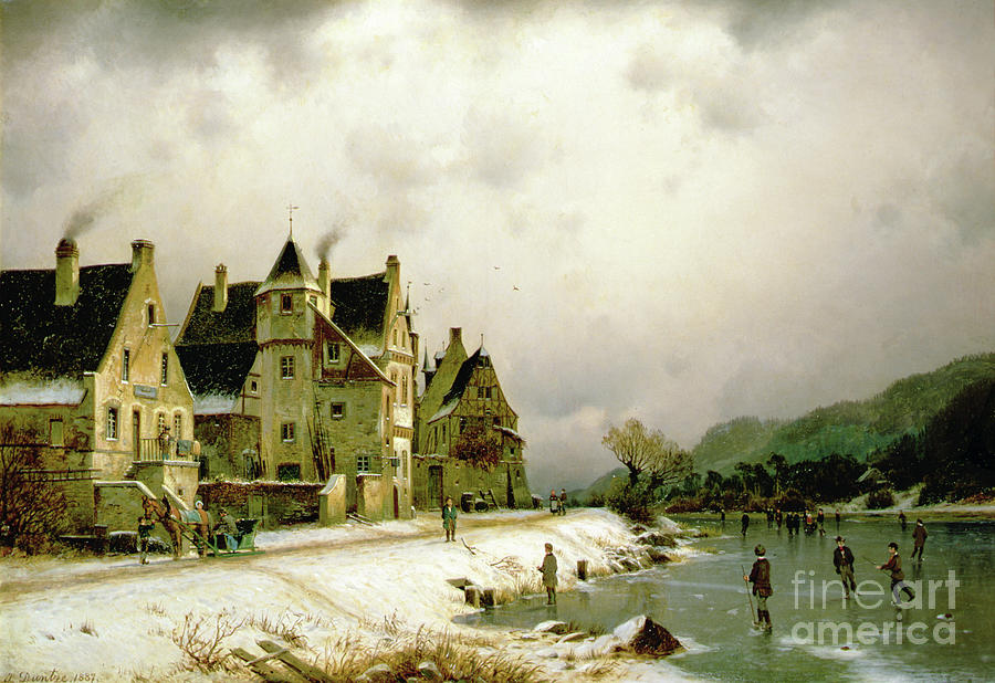 A Winter River Landscape With Figures Skating On The Ice By A Village Painting by Johannes Bartolomaus Duntze