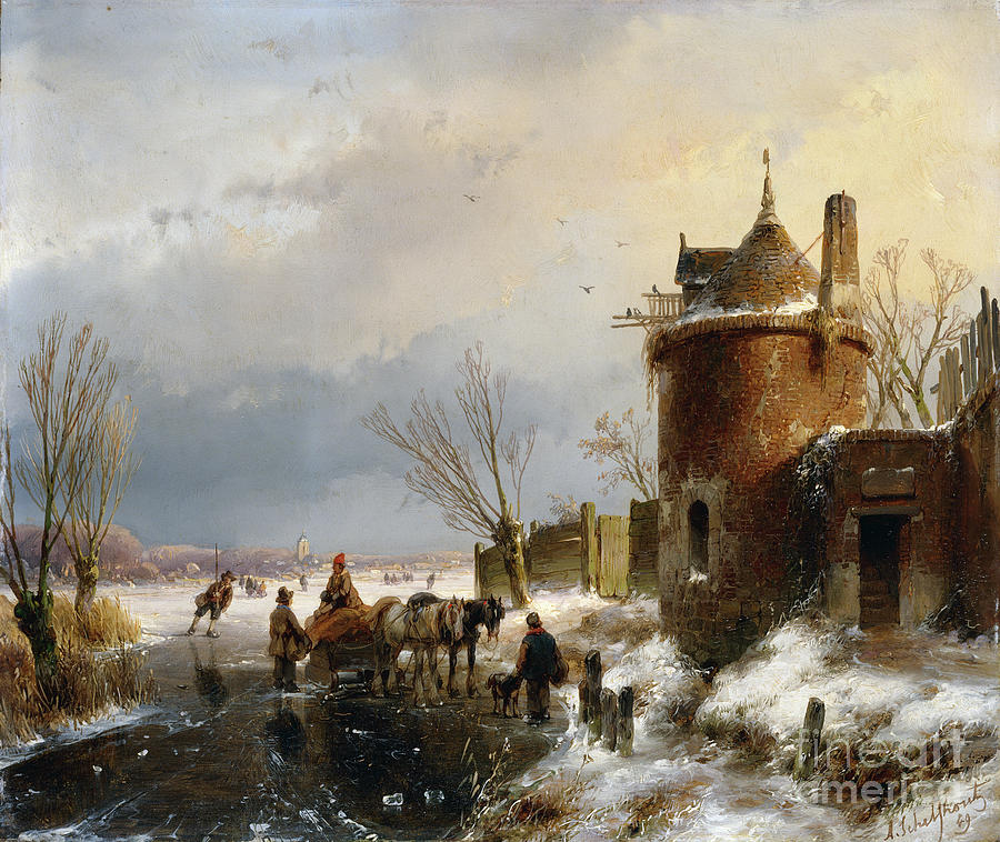 A Winter Scene By Andreas Schelfhout Painting by Andreas Schelfhout