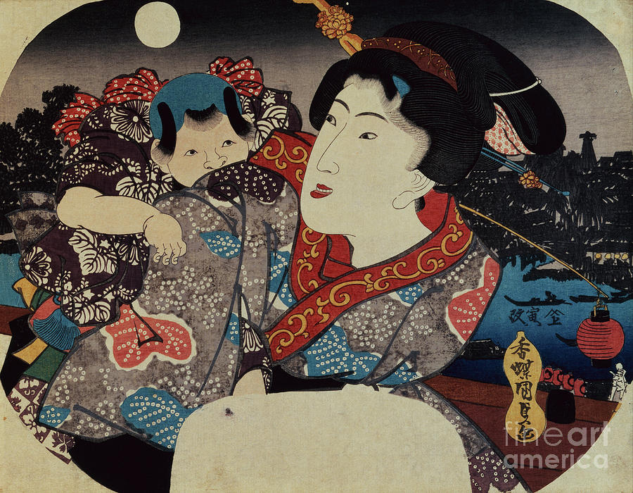 A Woman Carrying A Child On Her Back Woodblock Print Painting by Utagawa Kunisada