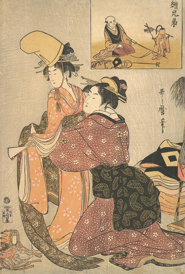 A Woman Dressing a Girl for a the Kabuki Dance Relief by Kitagawa Utamaro