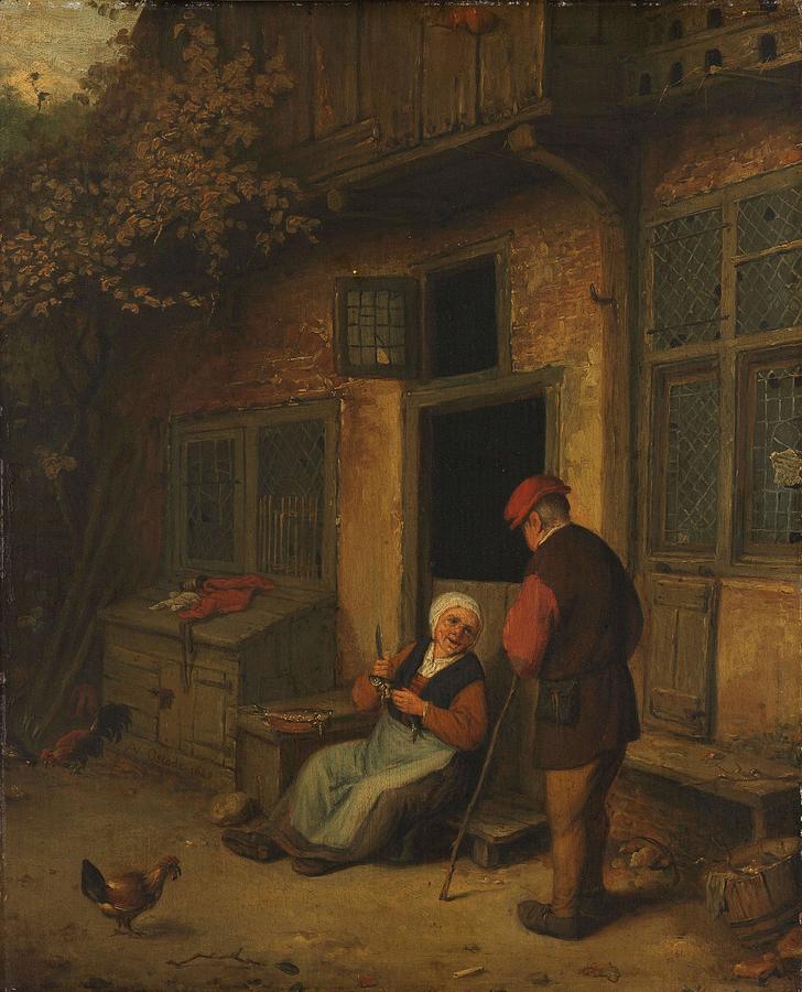 A woman gutting herring in front of her house. Painting by Adriaen van Ostade -copy after-