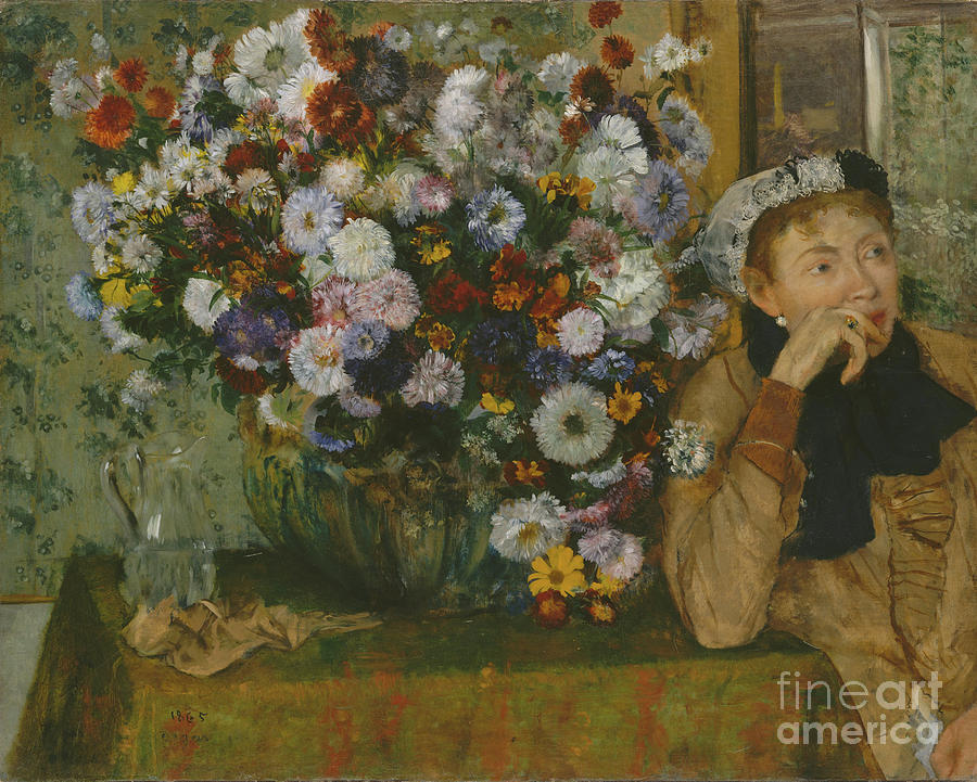 A Woman Seated Beside A Vase Of Flowers Drawing by Heritage Images