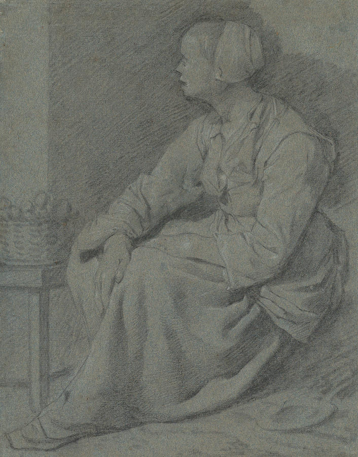 A Woman Seated Near a Basket on a Stool Drawing by Cornelis Pietersz Bega