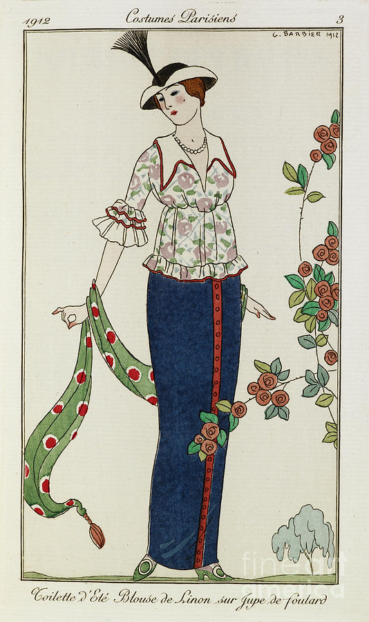 A Woman Wearing A Summer Blouse And Skirt She Holds A Green Scarf She Wears A Hat With A Feather Painting by Georges Barbier
