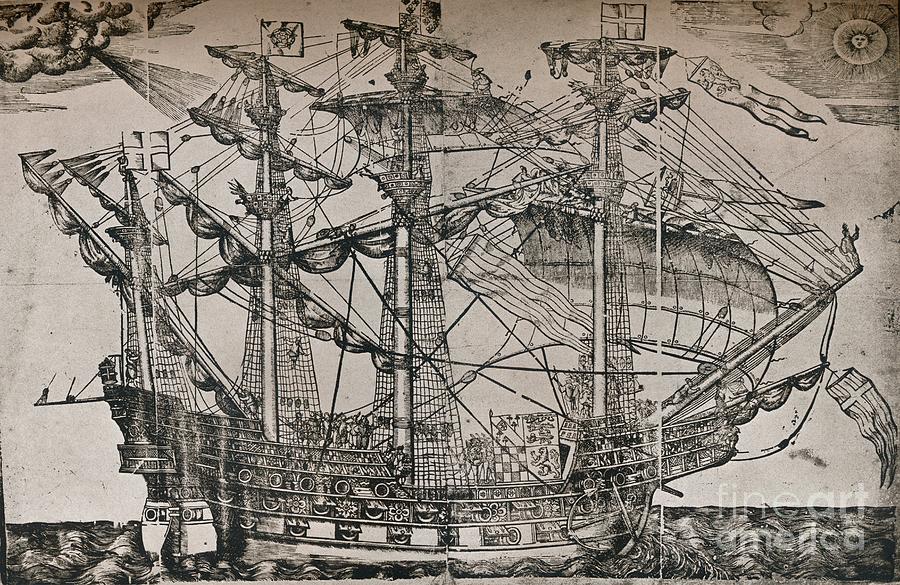 A Woodcut Of A Ship Which Is Believed Drawing by Print Collector