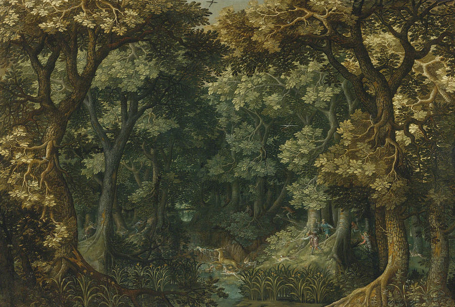 A Wooded Landscape with a Stag Hunt Painting by David Vinckboons