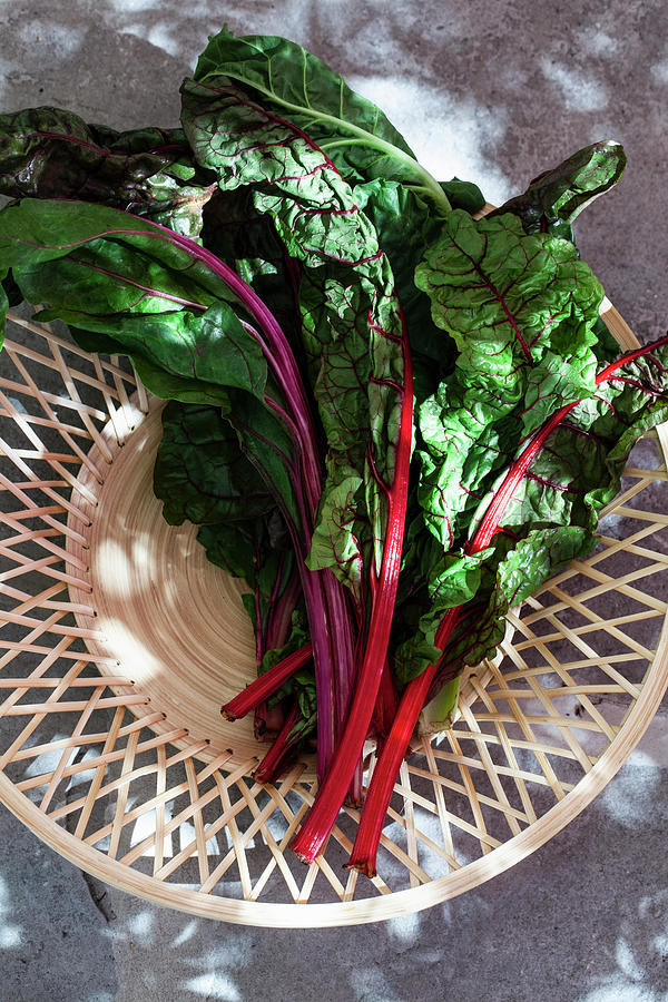 A Wooden Basket Of Rainbow Swiss Chard, Sitting On An Outdoor Stone Surface Photograph by Ryla Campbell