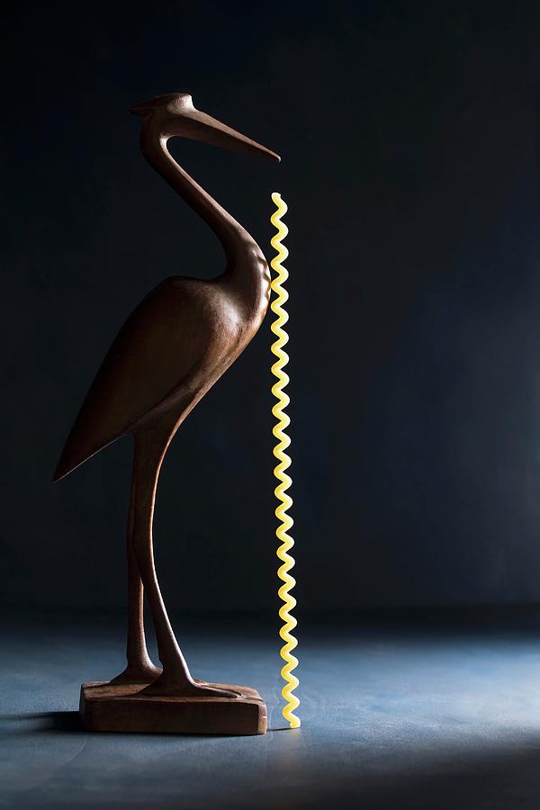 A Wooden Bird With A Piece Of Uncooked Fusilli Lunghi Pasta Photograph by Mandy Reschke