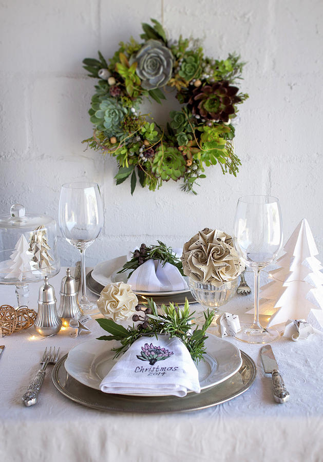 A Wreath Of Succulents Above A Dining Table Decorated For Christmas Photograph by Great Stock!