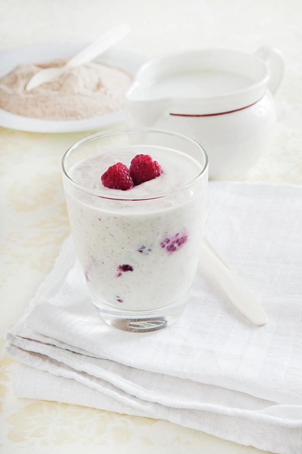 A Yogurt Smoothie With Berries And Kama finely Milled Flour Mixture, Estonia Photograph by Sabine Lscher