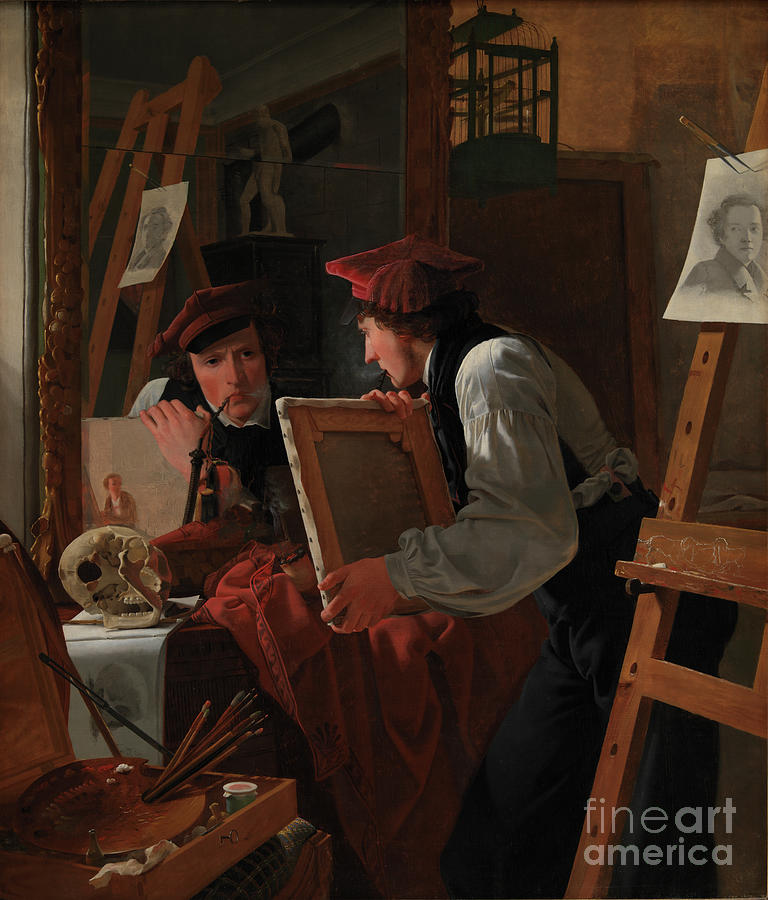 A Young Artist (ditlev Blunck) Examining A Sketch In A Mirror, 1826 (oil On Canvas) Painting by Wilhelm Ferdinand Bendz