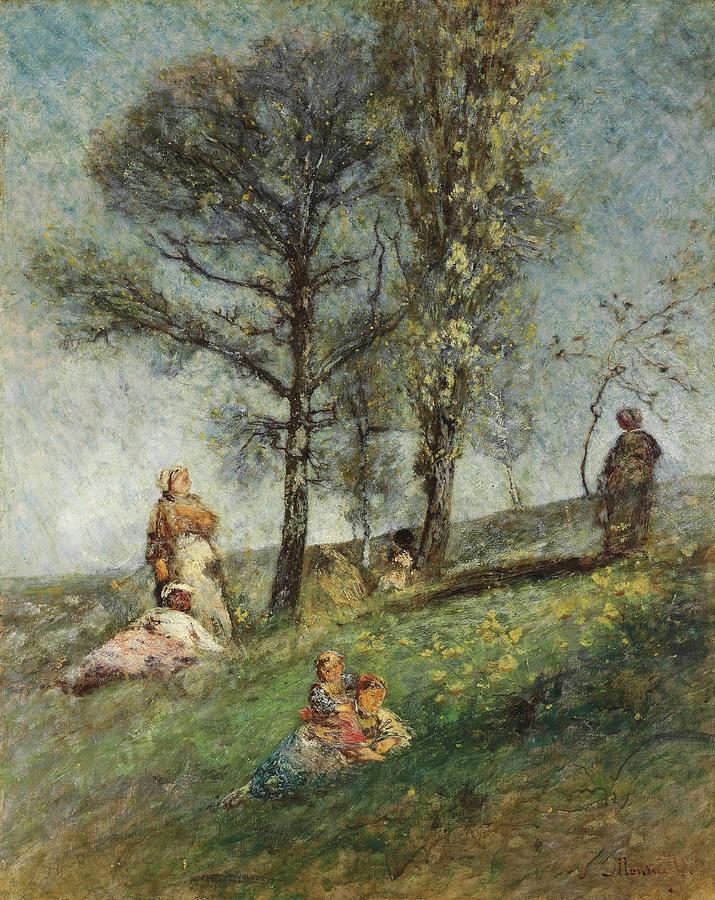 Impressionism Painting - A Young Family Under Trees On A Hill by Adolphe Monticelli