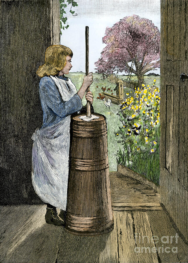 A Young Girl Beats Milk In A Baratte To Make Butter 19th Century Engraving Girl Working A Churn On A Spring Morning Hand-colored Woodcut Of A 19th-century Illustration Drawing by American School