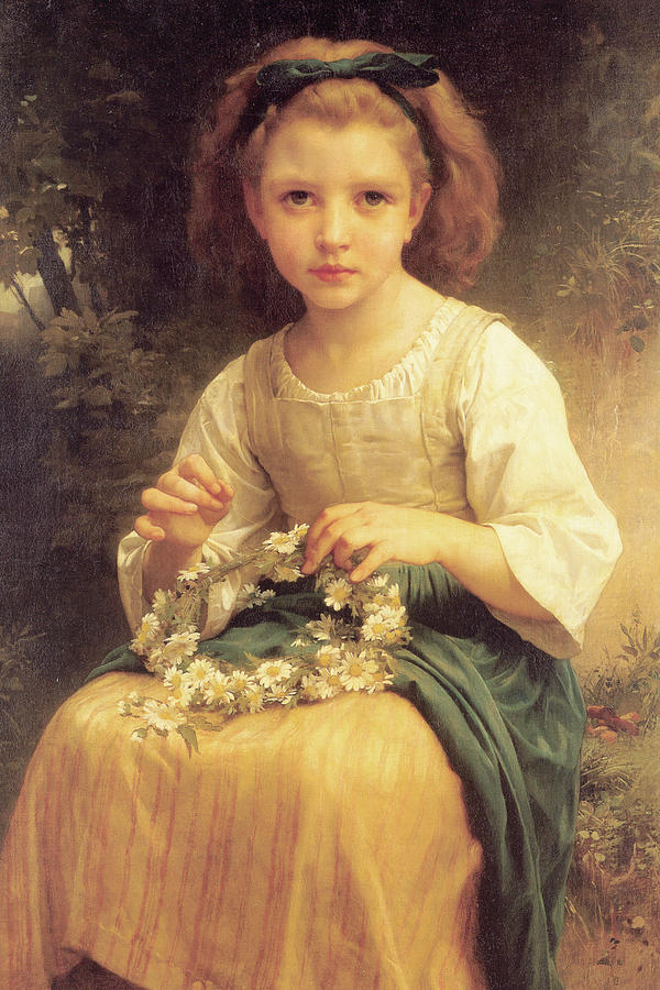 A Young Girl braids a Garland Crown of Flowers Painting by William Bouguereau A Young Girl braids a Garland Crown of Flowers Painting by William Bouguereau