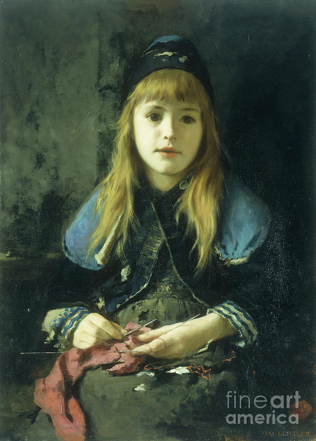 A Young Girl Knitting Painting by Adolf Echtler