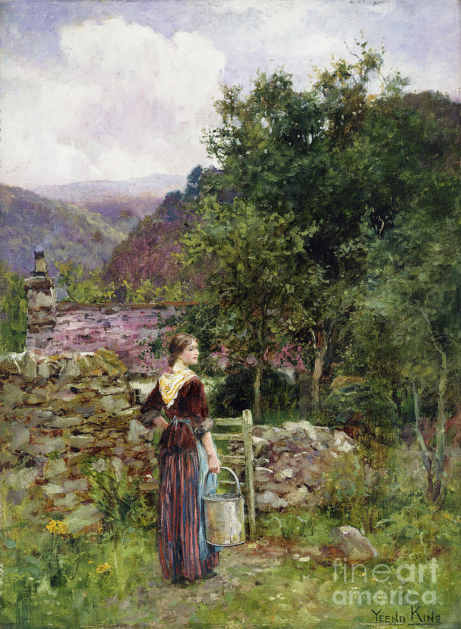 A Young Girl Standing Outside A Cottage Holding A Pail Painting by Henry John Yeend King