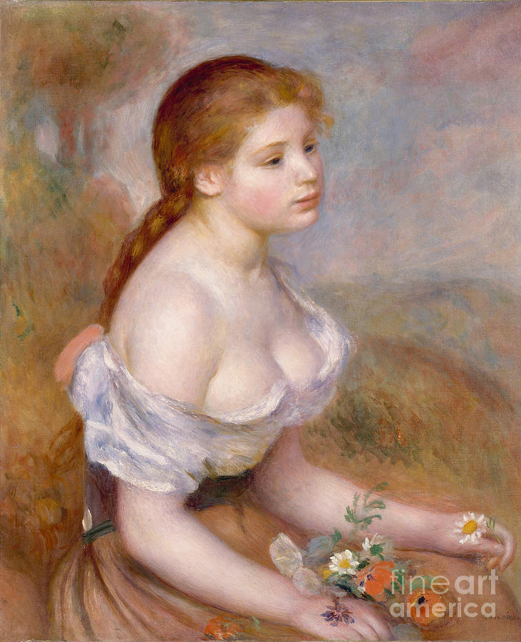 A Young Girl With Daisies, 1889 Painting by Pierre Auguste Renoir