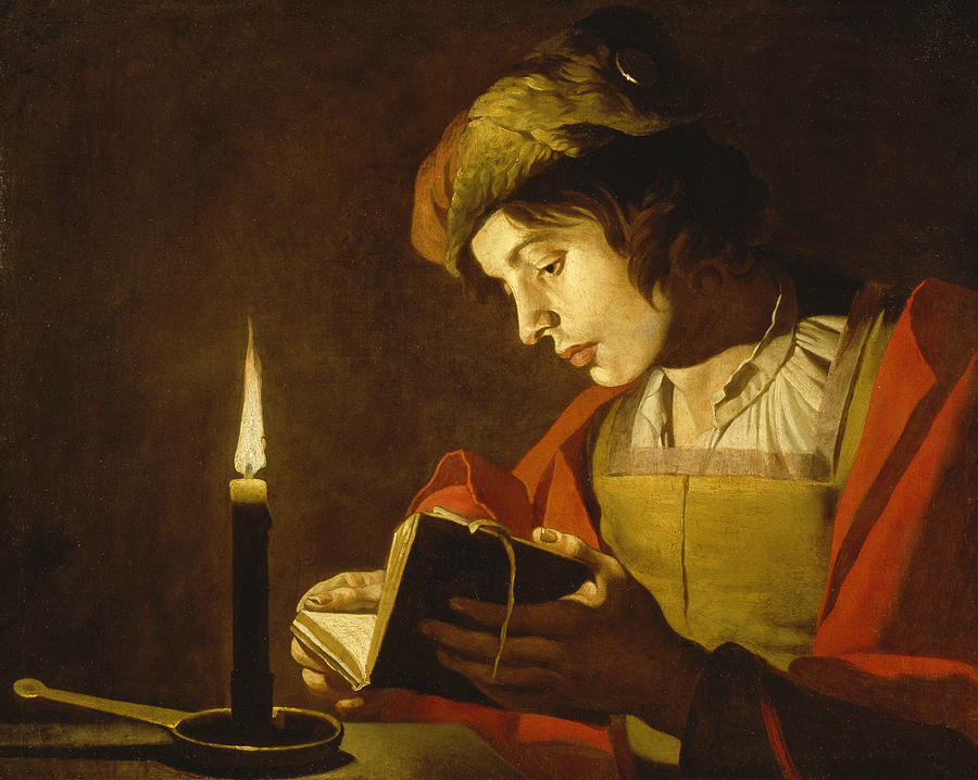 A Young Man Reading by Candlelight Painting by Matthias Stom - Pixels