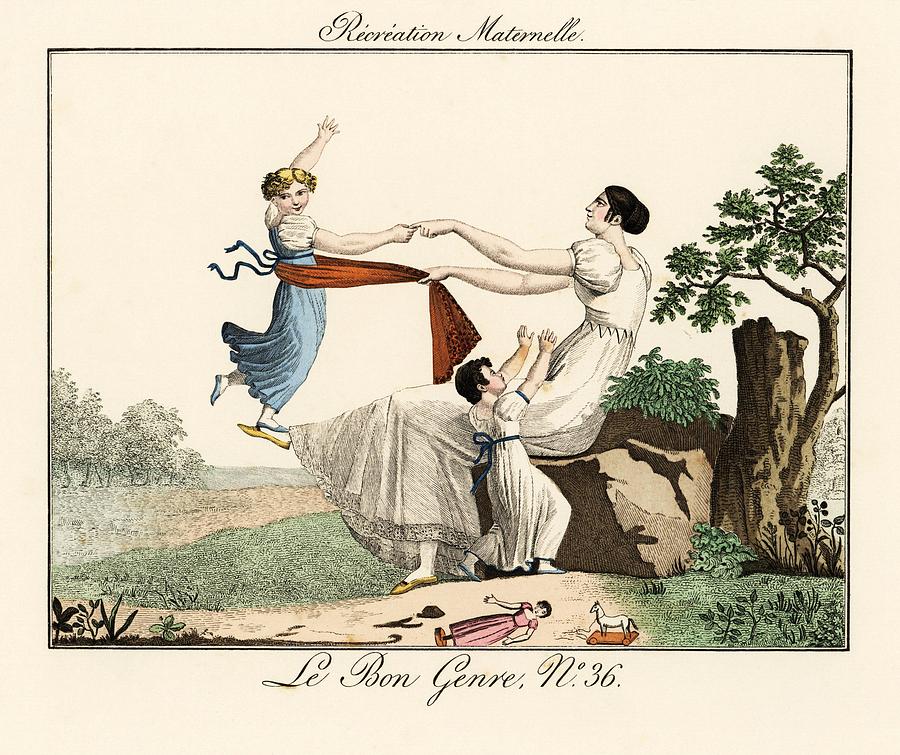 A young mother dandles a girl on her foot, while her other child drops her toys to beg for a cuddle. Drawing by Album