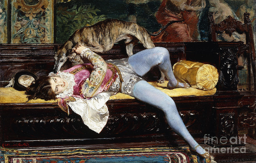 Giovanni Boldini Painting - A Young Page, Playing With A Greyhound; Un Jeune Page, Jouant Avec Un Levrier, 1869 by Giovanni Boldini