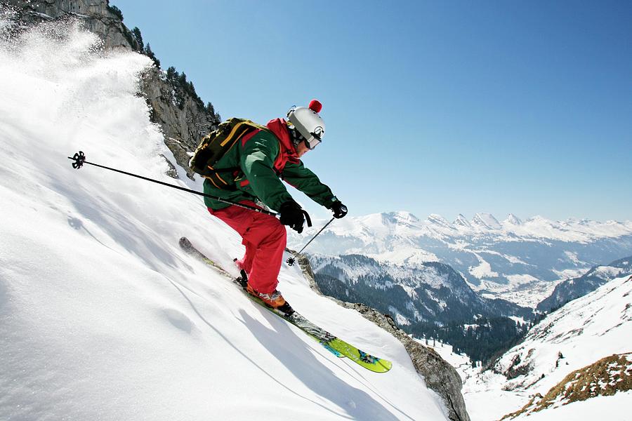 A Young Skier, A Freerider Skis Down A Photograph by Bernard Van Dierendonck / Look-foto A Young Skier, A Freerider Skis Down A Photograph by Bernard Van Dierendonck / Look-foto