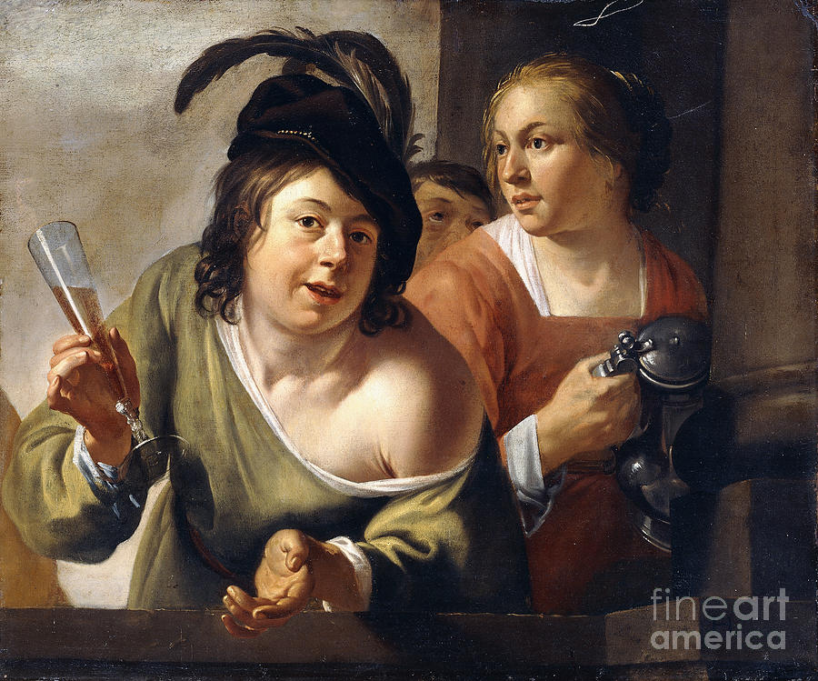 A Young Toper And A Serving Maid Drinking On A Balcony Painting by Jan Gerritsz. Van Bronckhorst