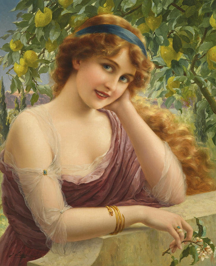 A Young Woman by a Lemon Tree Painting by Emile Vernon