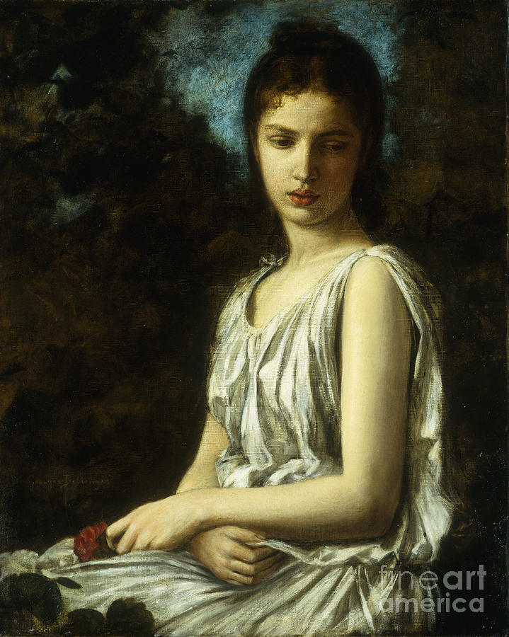 A Young Woman In Classical Dress, Holding A Red Rose Painting by ...