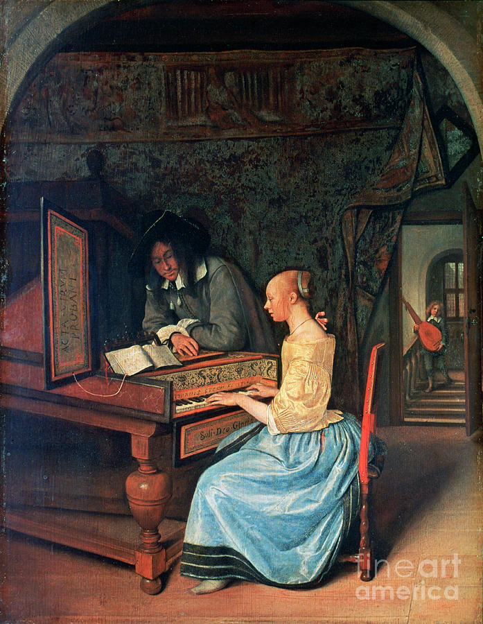 A Young Woman Playing A Harpsichord Drawing by Print Collector