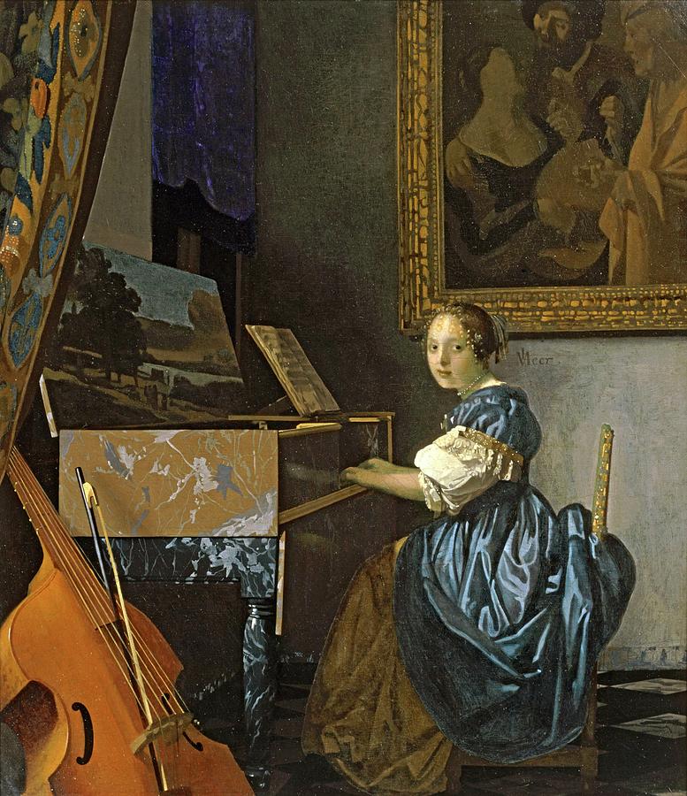 A young woman seated at the virginal, around 1670, oil on canvas, 51,5 x 45,5 cm. Painting by Jan Vermeer -1632-1675-