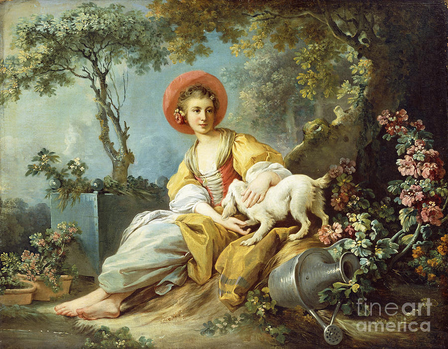 A Young Woman Seated With A Dog And A Watering Can In A Garden Painting by Jean-Honore Fragonard